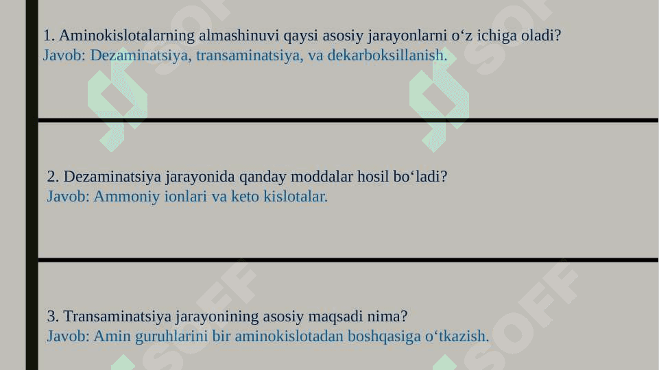 Aminokislotalar almashinuvida hosil bo‘ladigan biologik faol moddalar. Siydikchilning sintezi. TEST 2