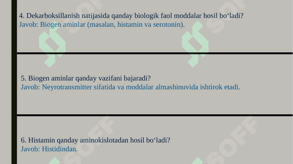 Aminokislotalar almashinuvida hosil bo‘ladigan biologik faol moddalar. Siydikchilning sintezi. TEST 3