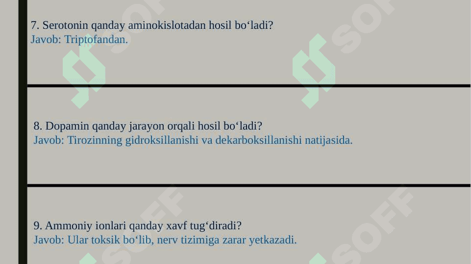 Aminokislotalar almashinuvida hosil bo‘ladigan biologik faol moddalar. Siydikchilning sintezi. TEST 4