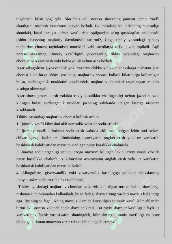Tibbiy yo‘sindagi majburlov choralarini qo‘llash, ularni uzaytirish, o‘zgartirish va tugatish tartibi va asoslari. 24 6