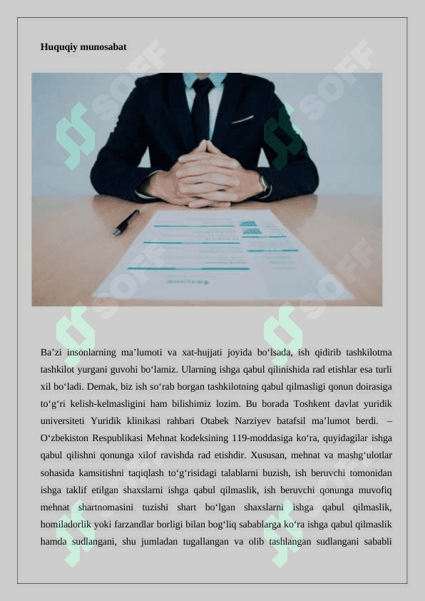 Ishga qabul qilishni qonunga xilof ravishda rad etishiga yo’l qo’yilmasligi 2