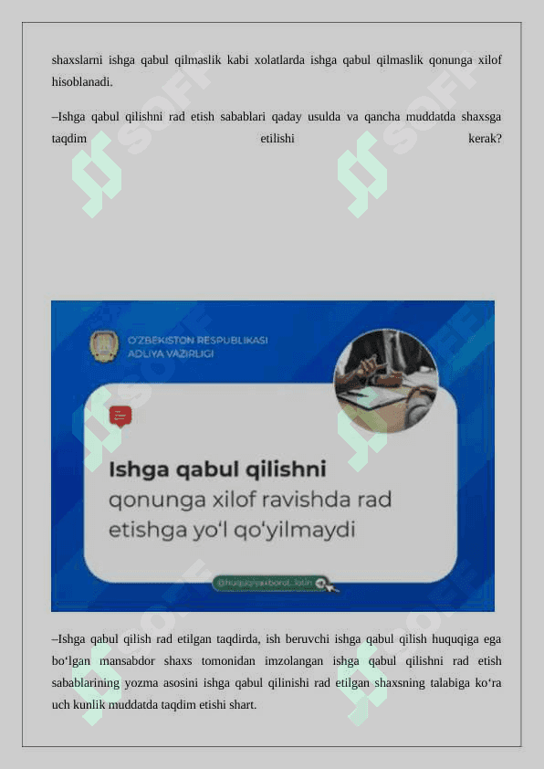 Ishga qabul qilishni qonunga xilof ravishda rad etishiga yo’l qo’yilmasligi 3