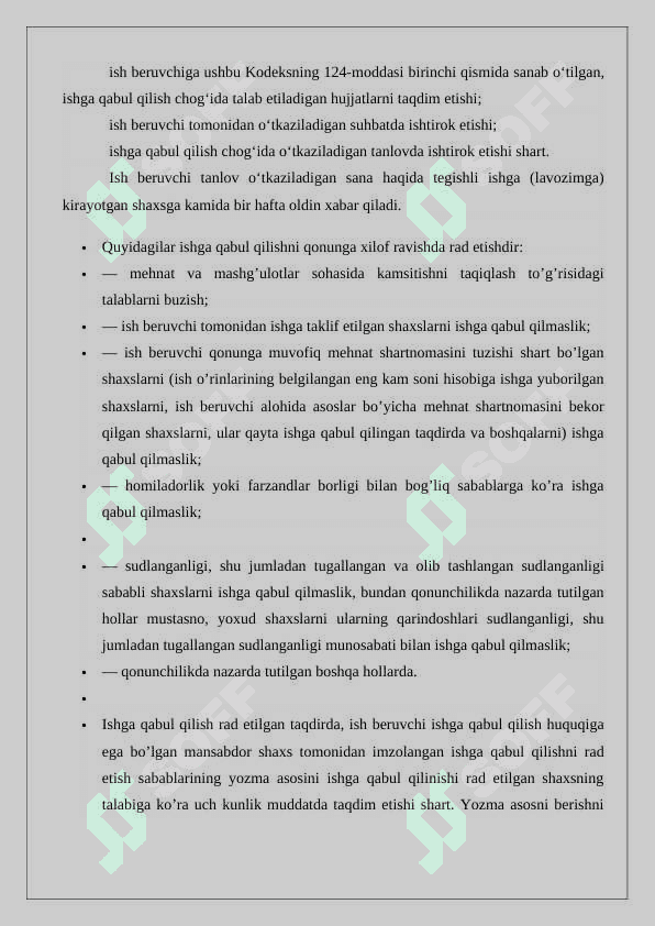 Ishga qabul qilishni qonunga xilof ravishda rad etishiga yo’l qo’yilmasligi 8