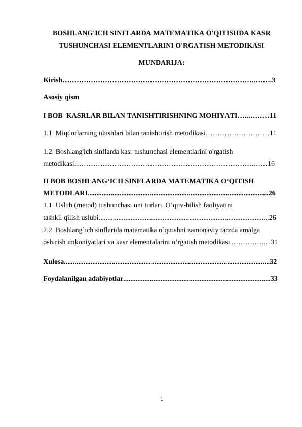 BOSHLANG'ICH SINFLARDA MATEMATIKA O'QITISHDA KASR TUSHUNCHASI ELEMENTLARINI O'RGATISH