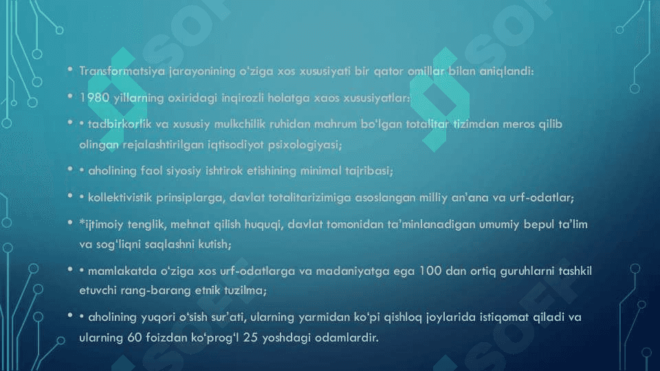 MUSTAQIL TARAQQIYOTNING DASTLABKI BOSQICHDAGI  MUAMMOLAR. O’ZBEKISTONNING O’ZIGA XOS  TARAQQIYOT YO’LINI TANLASHI 3