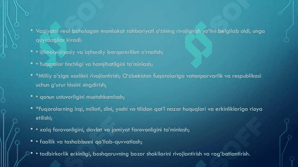 MUSTAQIL TARAQQIYOTNING DASTLABKI BOSQICHDAGI  MUAMMOLAR. O’ZBEKISTONNING O’ZIGA XOS  TARAQQIYOT YO’LINI TANLASHI 4