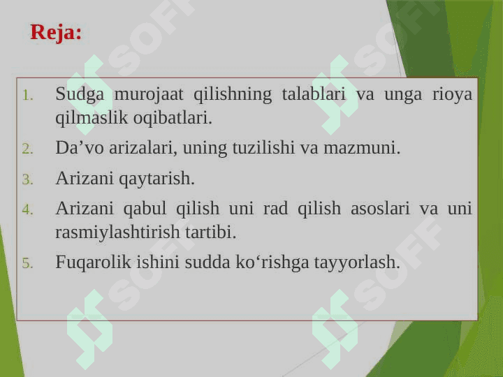 Fuqarolik ishlarini qoʻzgʻatish va sud muhokamasiga tayyorlash	 pptx 2