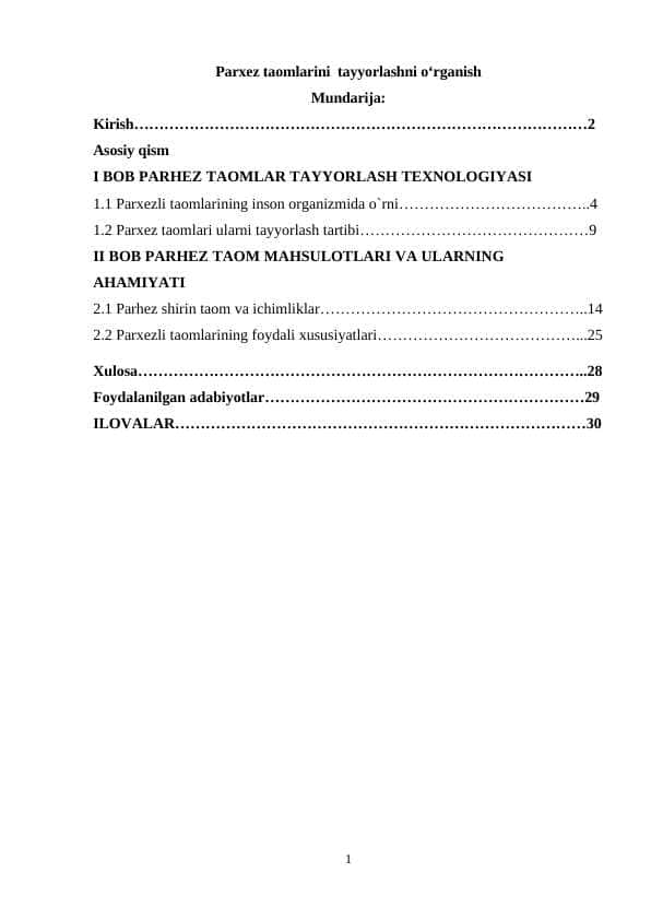 Parxez taomlarini  tayyorlashni oʻrganish