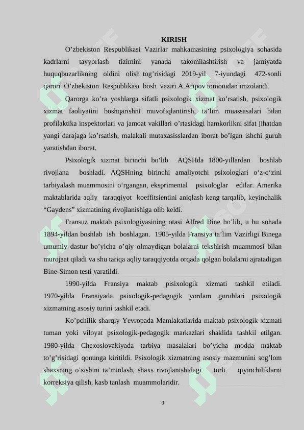 PSIXOLOGIK XIZMATNI TASHKIL ETISHNING UCH DAVRI. kurs ishi 3