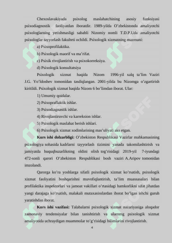 PSIXOLOGIK XIZMATNI TASHKIL ETISHNING UCH DAVRI. kurs ishi 4