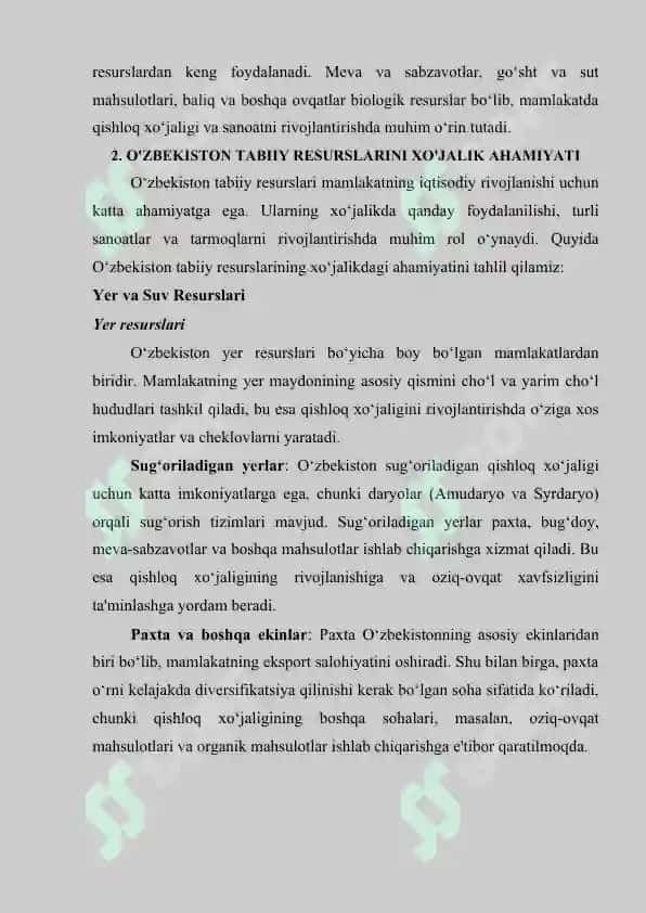 O'ZBEKISTON TABIIY SHAROITI VA RESURSLARINING XO'JALIK AHAMIYATI 7
