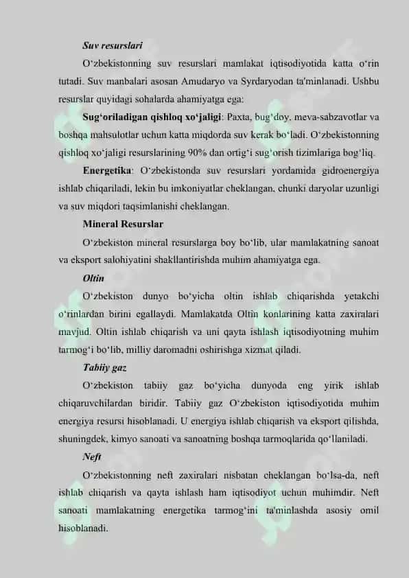 O'ZBEKISTON TABIIY SHAROITI VA RESURSLARINING XO'JALIK AHAMIYATI 8