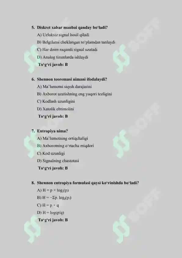 Axborot kodlash nazariyasi boʻyicha 50-ta test savollari to‘plami javoblari bilan 2