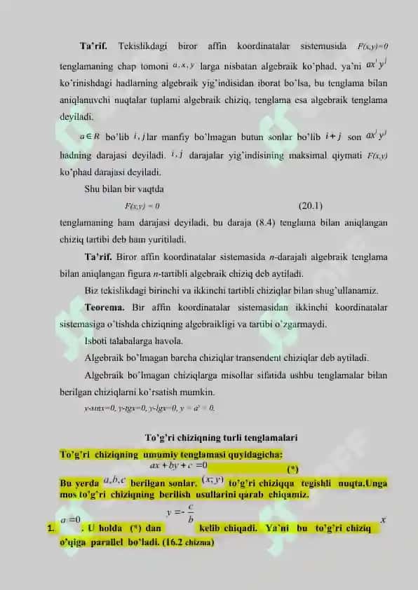 Algebraik chiziq va uning tartibi. Tekislikda to’g’ri chiziqning turli tenglamalari. 6