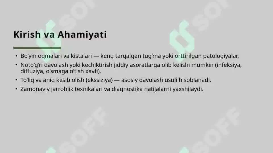 Bo‘yinning o‘rta, yon oqmalari va kistalarini kesib olish 2