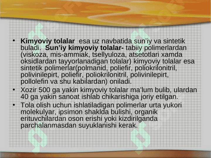 SUN'IY SINTETIK TOLALAR VA IPLAR. 6