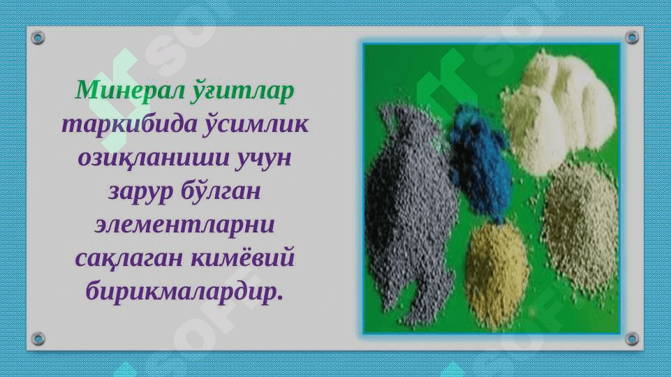 Mineral o'g'itlar mavzusiga oid tajribalar o'tkazish va masalalar yechish. 5