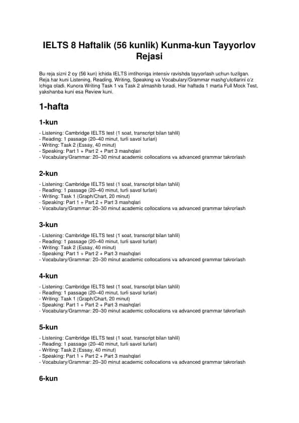 IELTS 8 Haftalik (56 kunlik) Kunma-kun Tayyorlov Rejasi