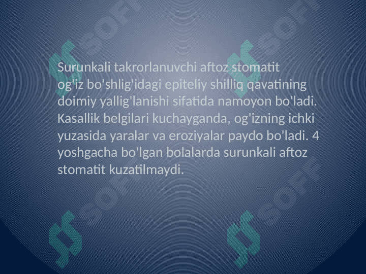 Surunkali qaytalanuvchi aftoz stomatit.Epidemiologiyasi, profilaktikasi. Bexchet sindromining namoyon bo'lishi 3