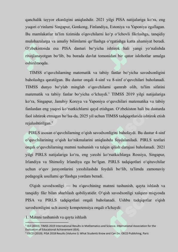 DUNYO TA'LIMIDA XALQARO REYTINGLAR. STATISTIKA MA'LUMOTLAR. O'QISH SAVODXONLIGIDA BAHOLANADIGAN ASOSIY KOMPETENSIYALAR 2