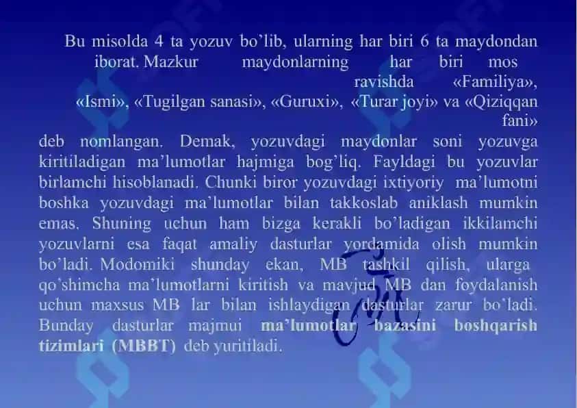 BERILGANLAR BAZASIDA AXBOROT ALMASHINUV SXEMASI BERILGANLAR BAZASIDA HAYOTI SIKL11 6