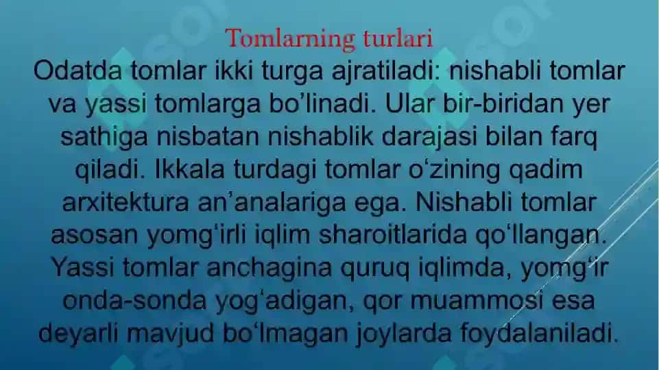 Tomlarning turlar. Tomlarni tahlil qilish va chizish 4