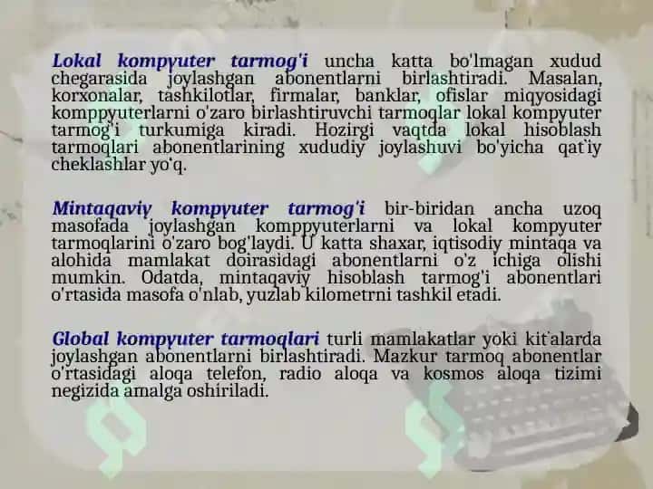 Kompyuter tarmoqlari uning asosiy tushunchalari va turlari. 8