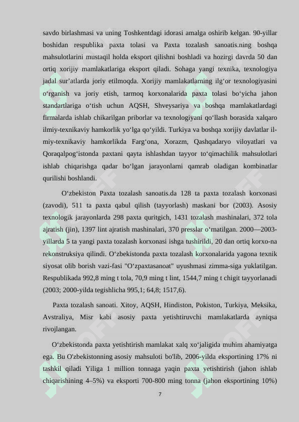 O’zbekistonda paxtani qayta ishlash sanoati tarmoqlarining geografik joylashuvi. 7