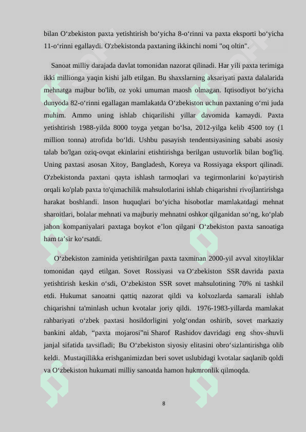 O’zbekistonda paxtani qayta ishlash sanoati tarmoqlarining geografik joylashuvi. 8