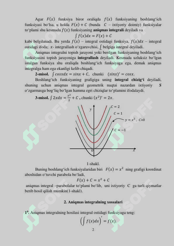 BOSHLANG’ICH FUNKSIYA. ANIQMAS INTEGRAL. INTEGRALLASH  USULLARI. 2