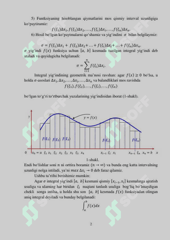 ANIQ INTEGRAL TA’RIFI (RIMAN YIG‘INDILARI). O‘RTA QIYMAT 
HAQIDAGI TEOREMA. NYUTON-LEYBNIS FORMULAS 2