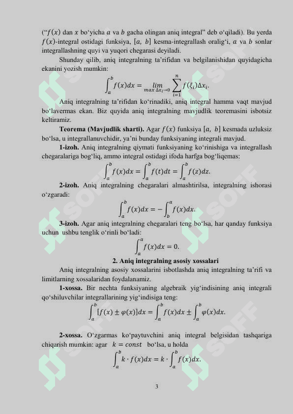 ANIQ INTEGRAL TA’RIFI (RIMAN YIG‘INDILARI). O‘RTA QIYMAT 
HAQIDAGI TEOREMA. NYUTON-LEYBNIS FORMULAS 3