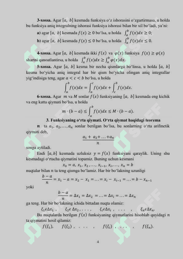 ANIQ INTEGRAL TA’RIFI (RIMAN YIG‘INDILARI). O‘RTA QIYMAT 
HAQIDAGI TEOREMA. NYUTON-LEYBNIS FORMULAS 4
