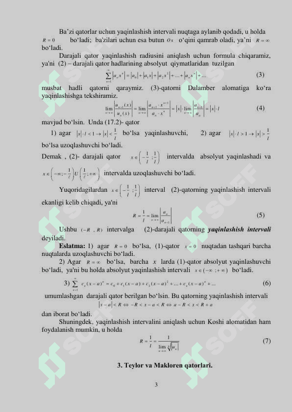 FUNKSIONAL QATORLAR. DARAJALI QATORLAR,  YAQINLASHISH RADIUSI VA YAQINLASHISH SOHASI. 3