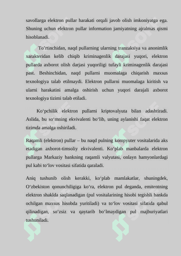 Rаqаmli nаqd pullаr vа ulаrning mаmlаkаtаmizdаgi iqtisоdiy o’rni vа аhаmiyati mustaqil ish 5
