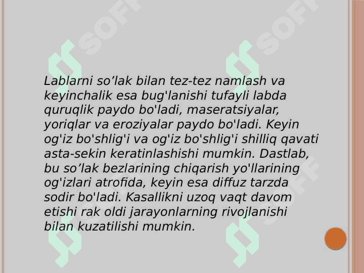 Bolalarda lab kasalliklari (glandulyar xeylit, yiringli piodermiya), ularning klinik belgilari, tashxisi, davosi. Og'iz bo'shlig'i shilliq pardasi kasalliklari profilaktikasi. 4