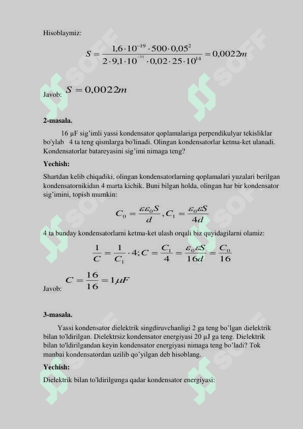 Elektr maydonida dielektriklarning xususiyatlari. Elektr  maydonida o`tkazgichlar. Elektr sig`imi. Kondensatorlar. 3