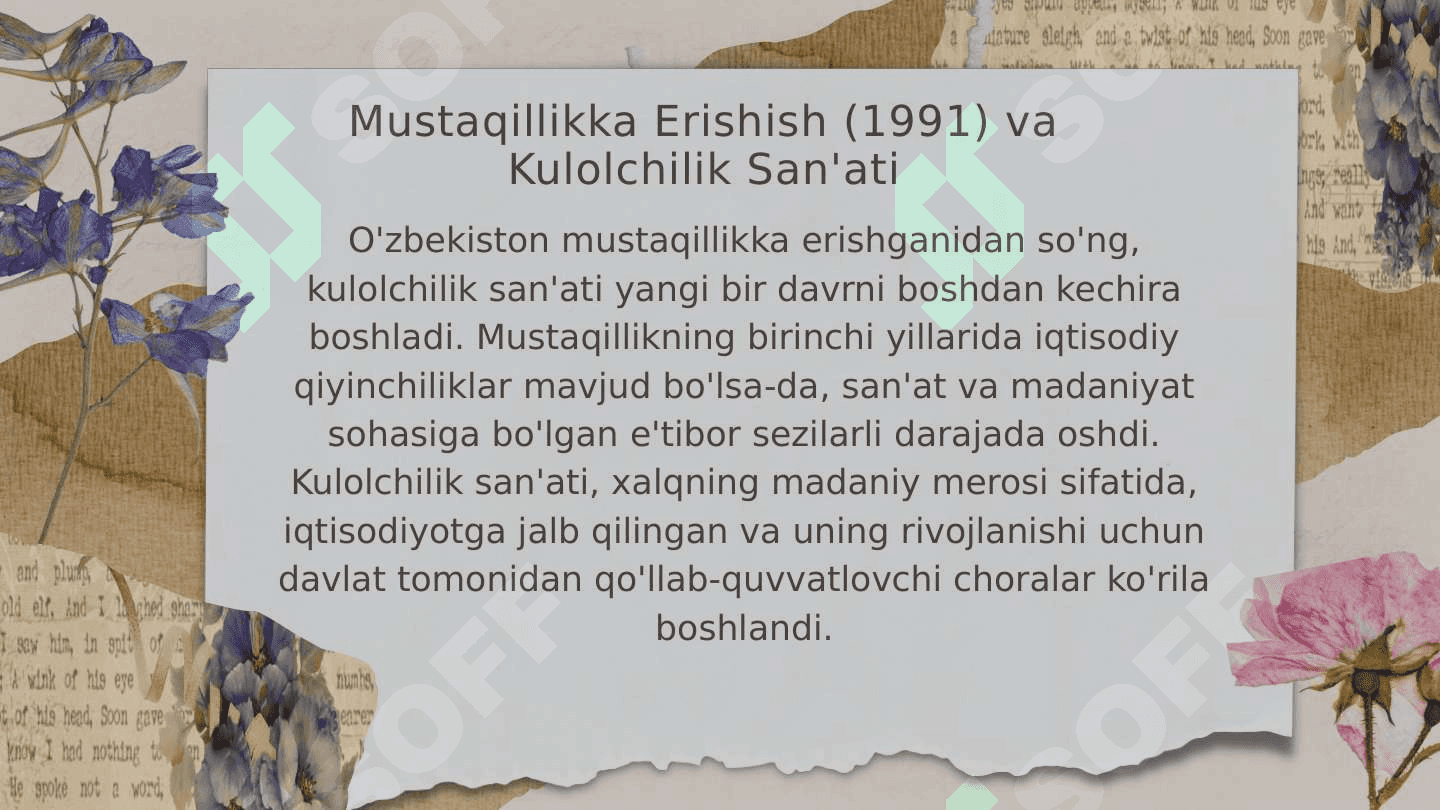 MUSTAQILLIK YILLARIDA KULOLCHILIK SAN'ATI  TARIXI 6