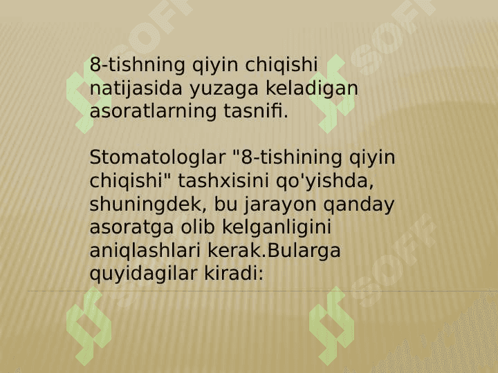 Tishlar chiqishi davridagi kasalliklari.Aql tishlarini chiqishidagi qiyinchiliklar. Retensiya, yarimretensiya, distopiya va utkir perikoronarit. 5