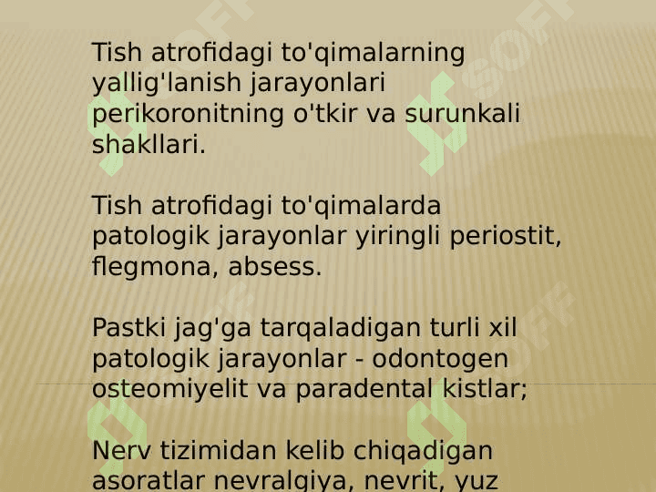 Tishlar chiqishi davridagi kasalliklari.Aql tishlarini chiqishidagi qiyinchiliklar. Retensiya, yarimretensiya, distopiya va utkir perikoronarit. 6