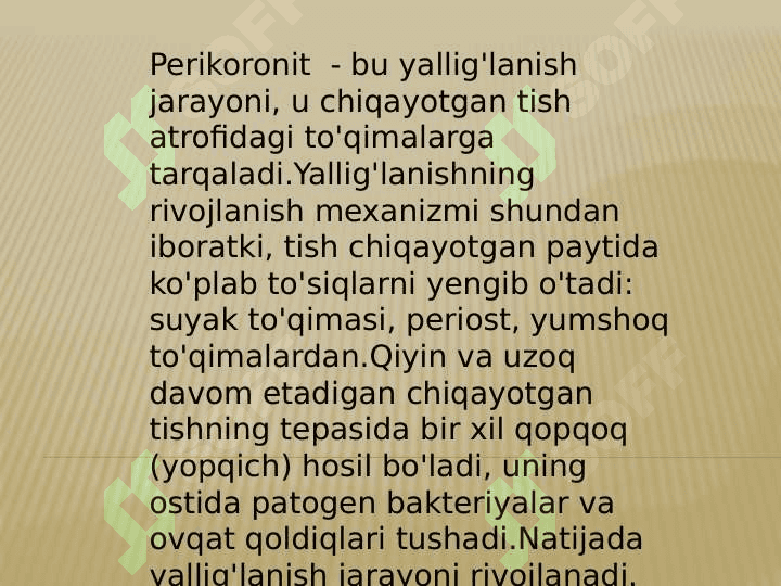 Tishlar chiqishi davridagi kasalliklari.Aql tishlarini chiqishidagi qiyinchiliklar. Retensiya, yarimretensiya, distopiya va utkir perikoronarit. 8