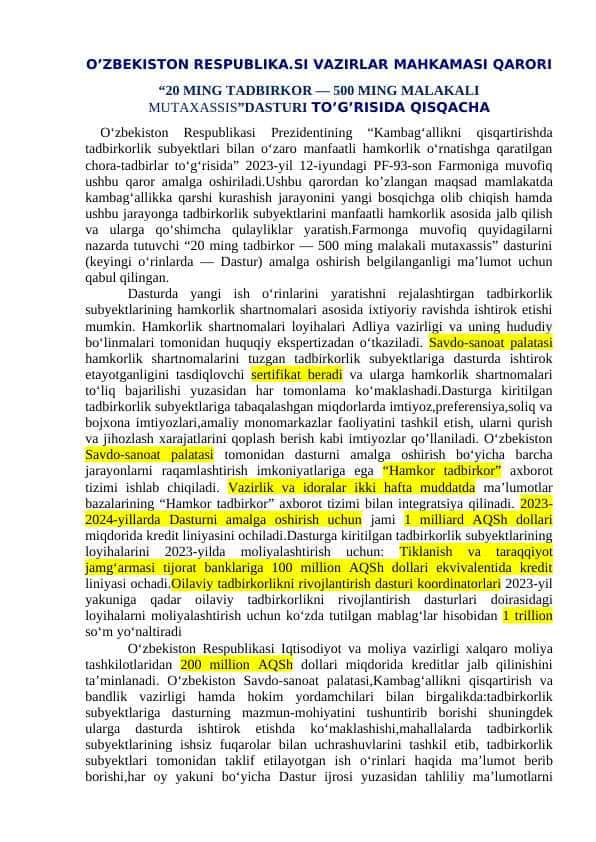 O’ZBEKISTON RESPUBLIKA.SI VAZIRLAR MAHKAMASI QARORI “20 MING TADBIRKOR — 500 MING MALAKALI MUTAXASSIS”DASTURI to’g’risida umumiy malumot