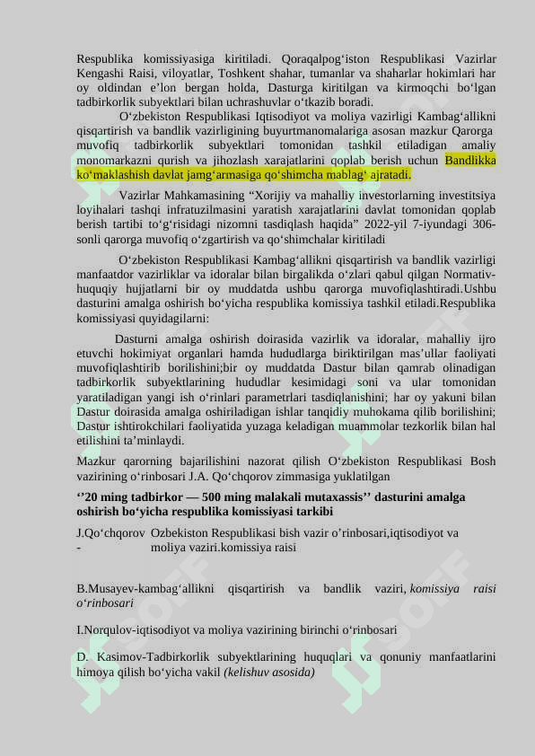 O’ZBEKISTON RESPUBLIKA.SI VAZIRLAR MAHKAMASI QARORI “20 MING TADBIRKOR — 500 MING MALAKALI MUTAXASSIS”DASTURI to’g’risida umumiy malumot 2