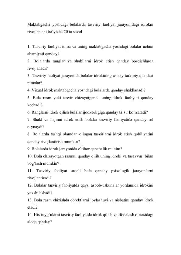 Maktabgacha yoshdagi bolalarda tasviriy faoliyat jarayonidagi idrokni rivojlanishi