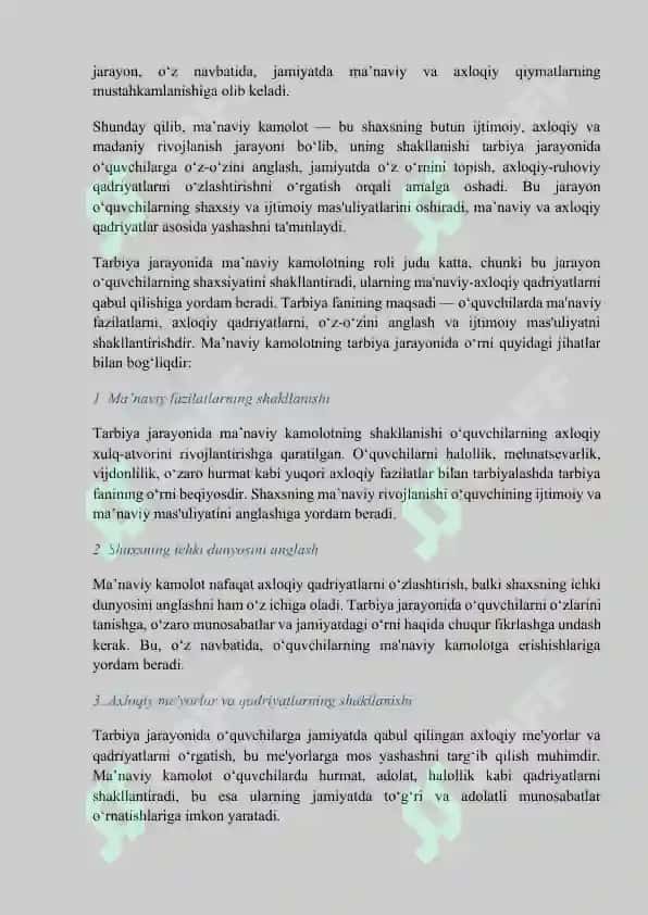 TARBIYA FANINI O’QITISH JARAYONIDA SHAXSNING MANAVIY KAMOLOTIGA OID FAZILATLARNI SHAKLLANTIRISH. 7