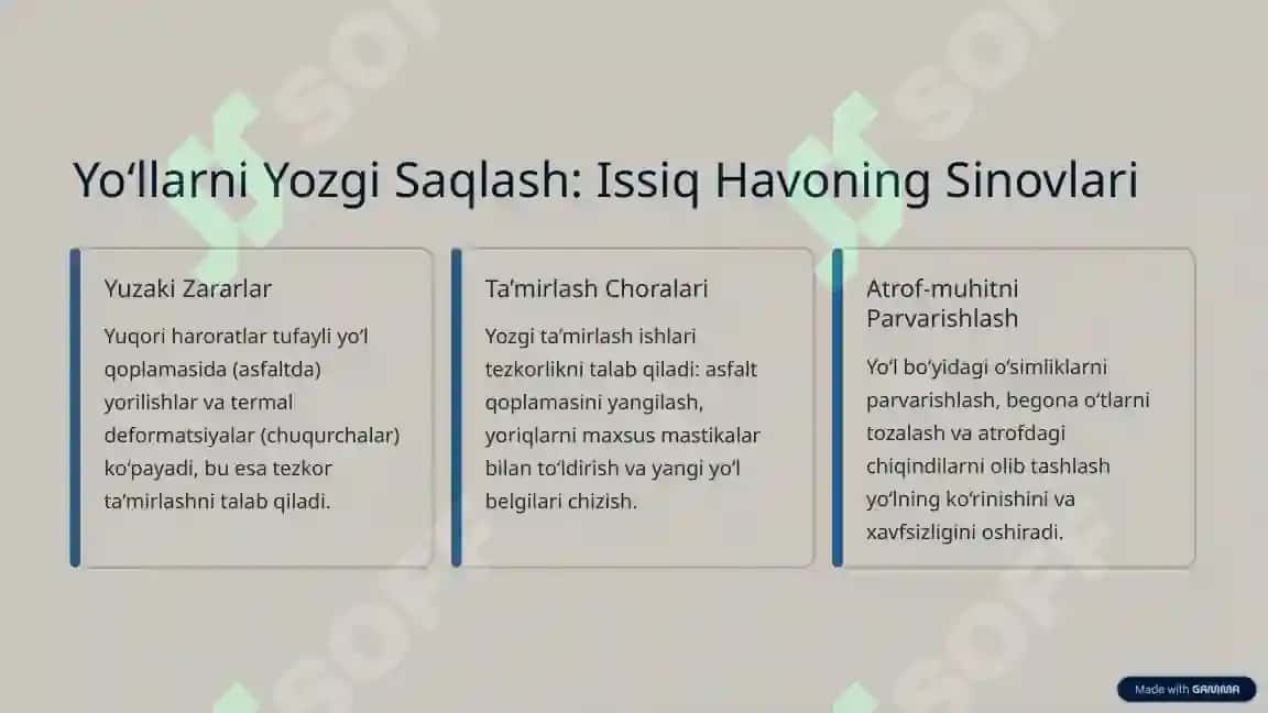 Avtomobil Yo‘llarini Yozgi, Bahorgi va Kuzgi Davrlarda Saqlash Ishlari 2