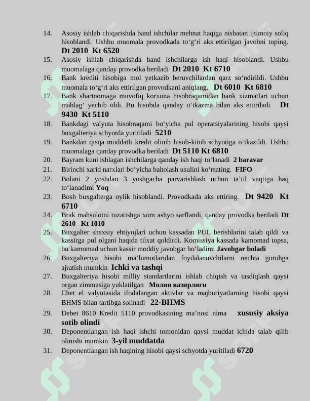 Bugalteriya test savollari va javoblari bilan yakuniy 2