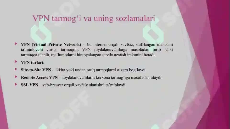 VPN TARMOG‘I VA UNING SOZLAMALARI.SYSLOG VA NTP PROTOKOLLARI VA SOZLAMALARI.AAA – AUTHENTICATION AUTHORIZATION ACCOUNTING TIZIMI VA SOZLAMALARI.TFTP PROTOKOLI VA UNING SOZLAMALARI.TROUBLESHOOTING – TARMOQ NOSOZLIKLARINI BARTARAF ETISH.VIRTUAL LOKAL TARMOQ XUSUSIYATLARI. 3