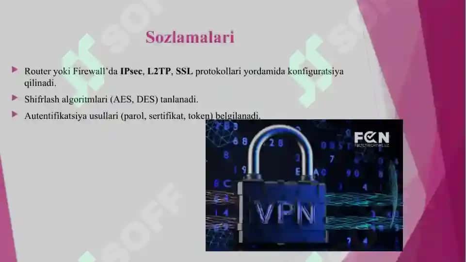 VPN TARMOG‘I VA UNING SOZLAMALARI.SYSLOG VA NTP PROTOKOLLARI VA SOZLAMALARI.AAA – AUTHENTICATION AUTHORIZATION ACCOUNTING TIZIMI VA SOZLAMALARI.TFTP PROTOKOLI VA UNING SOZLAMALARI.TROUBLESHOOTING – TARMOQ NOSOZLIKLARINI BARTARAF ETISH.VIRTUAL LOKAL TARMOQ XUSUSIYATLARI. 4