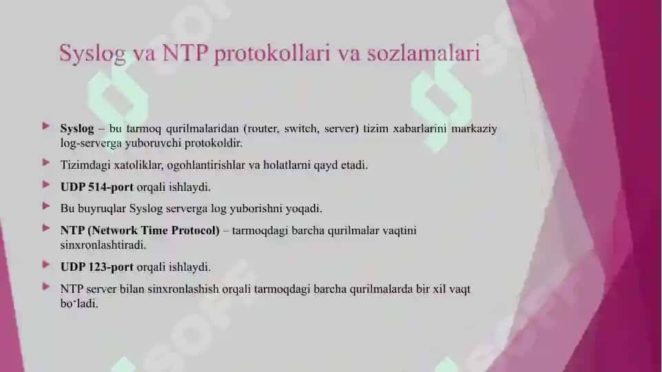 VPN TARMOG‘I VA UNING SOZLAMALARI.SYSLOG VA NTP PROTOKOLLARI VA SOZLAMALARI.AAA – AUTHENTICATION AUTHORIZATION ACCOUNTING TIZIMI VA SOZLAMALARI.TFTP PROTOKOLI VA UNING SOZLAMALARI.TROUBLESHOOTING – TARMOQ NOSOZLIKLARINI BARTARAF ETISH.VIRTUAL LOKAL TARMOQ XUSUSIYATLARI. 5